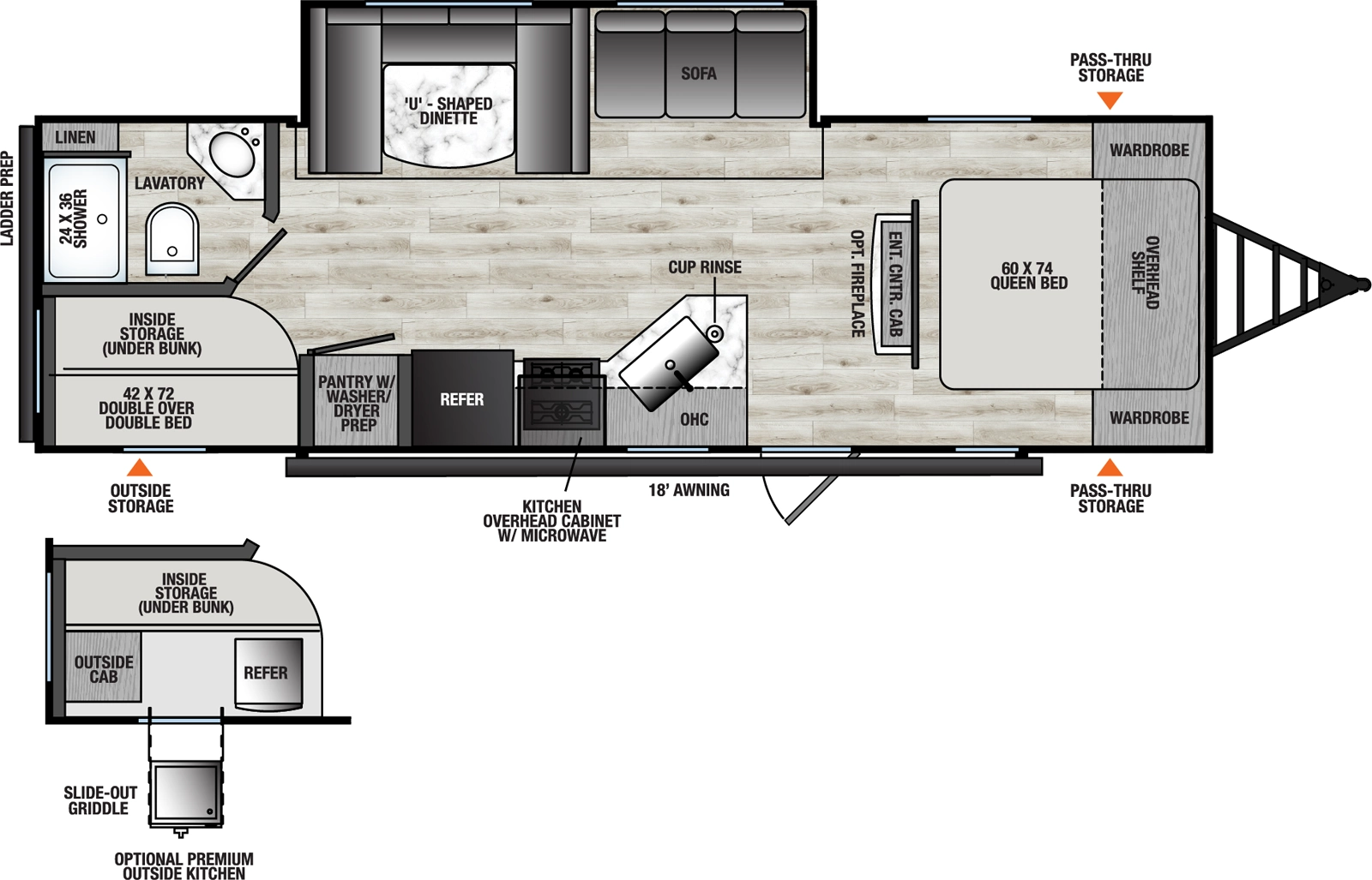 The Viking Travel Trailers 262DBS floorplan has one entry and one slide out. Exterior features include: metal exterior, 18' awning and outside kitchen. Interiors features include: bunk beds, u-dinette and front bedroom.